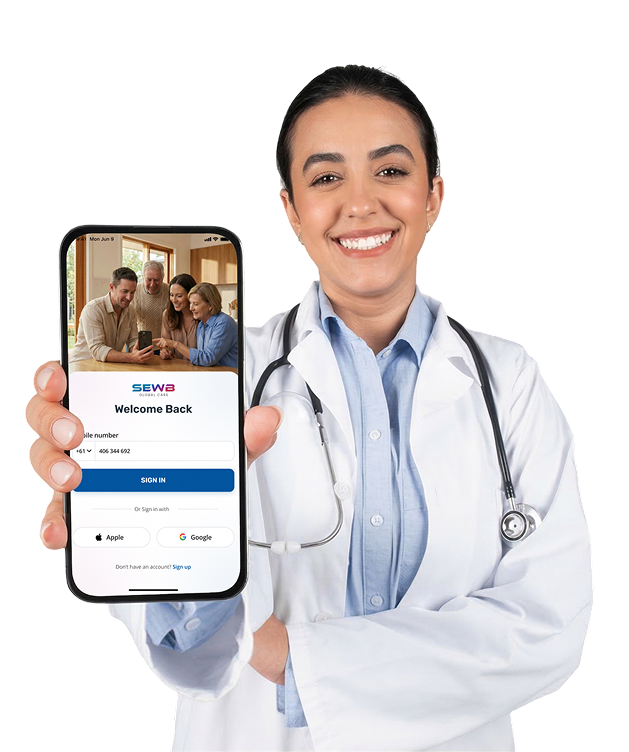 Doctor holding the SEWB app